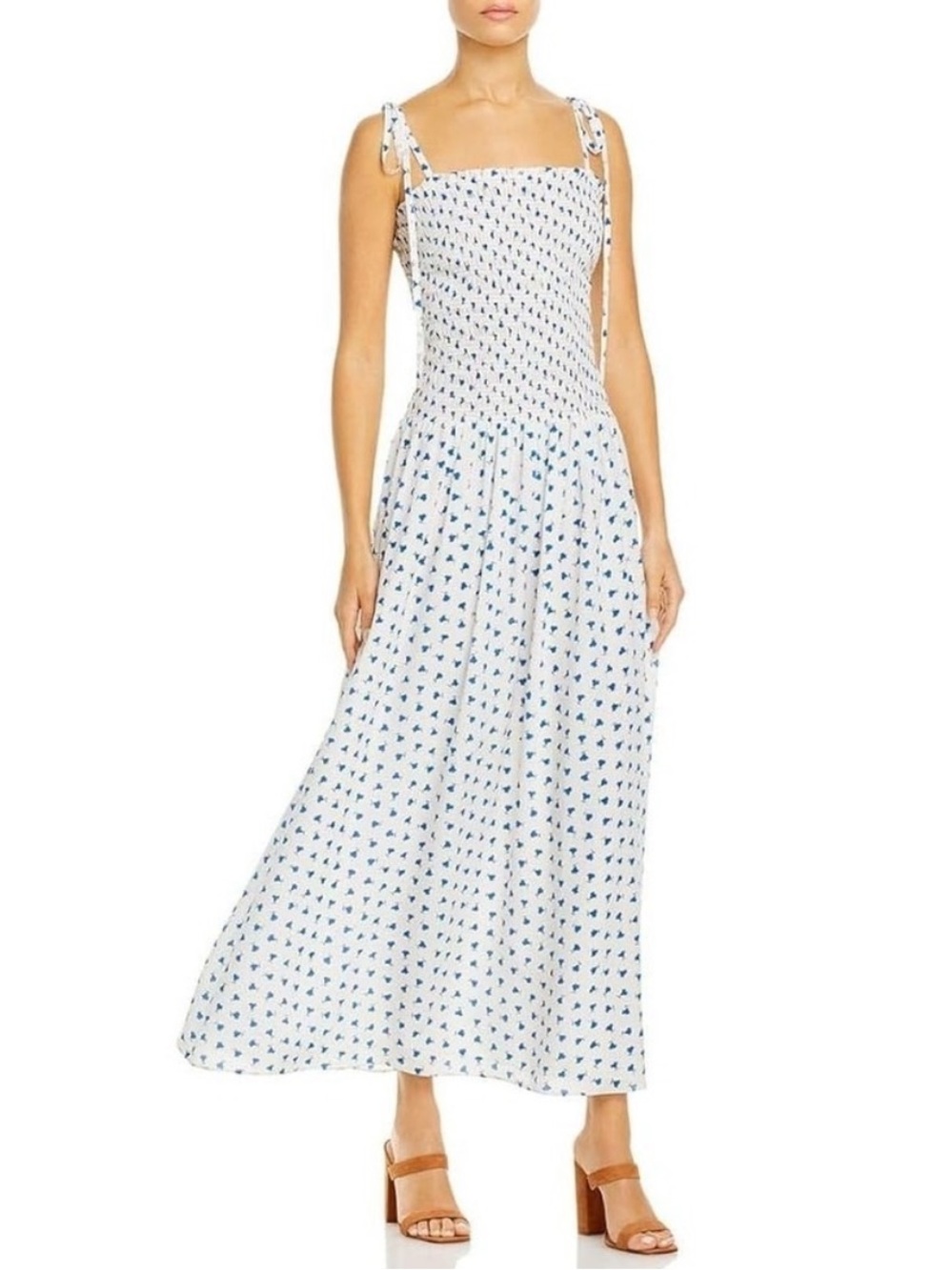 Rebecca Taylor Emmy Smocked Tie-Shoulder White Maxi Dress with Blue Print